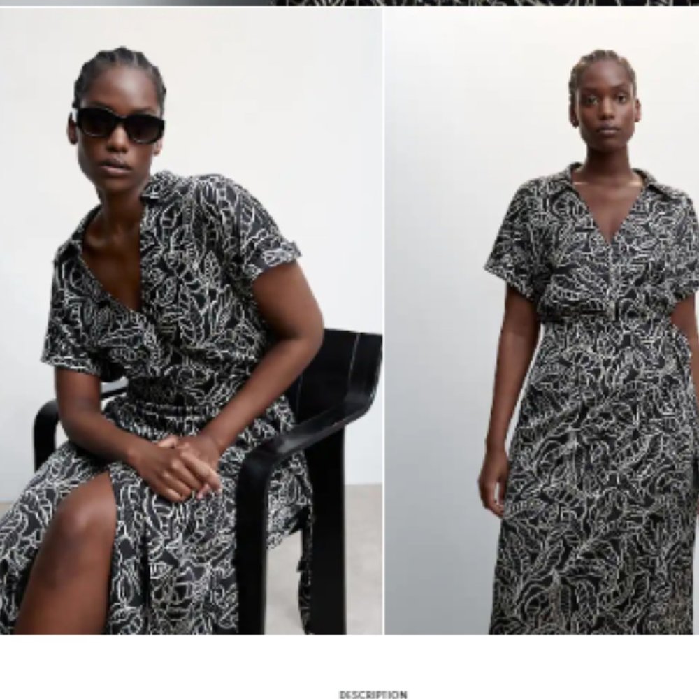 Mango Wrap Dress w side tie black white floral, shirt collar with short sleeves - Picture 3 of 4